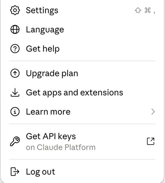Claude profile menu with Settings at the top