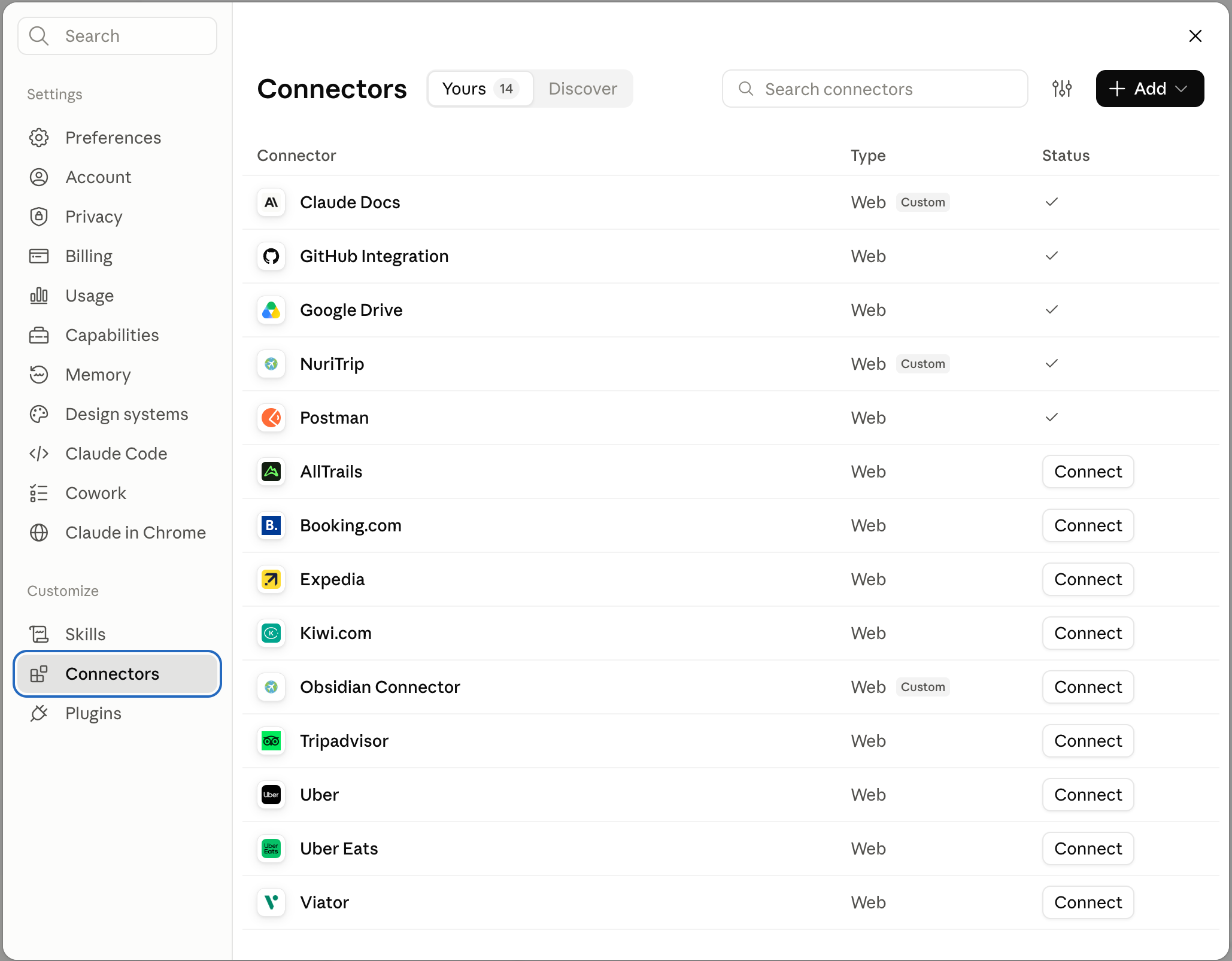 Connectors settings page with the Add button