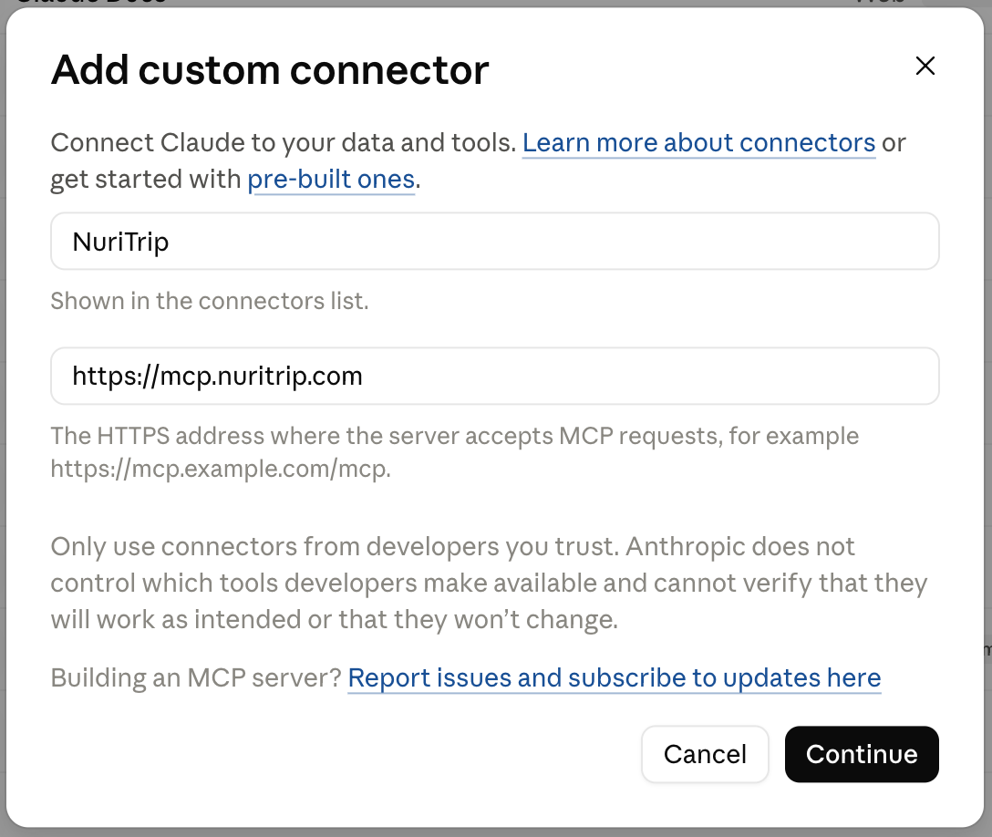 Add custom connector dialog with the NuriTrip name and URL