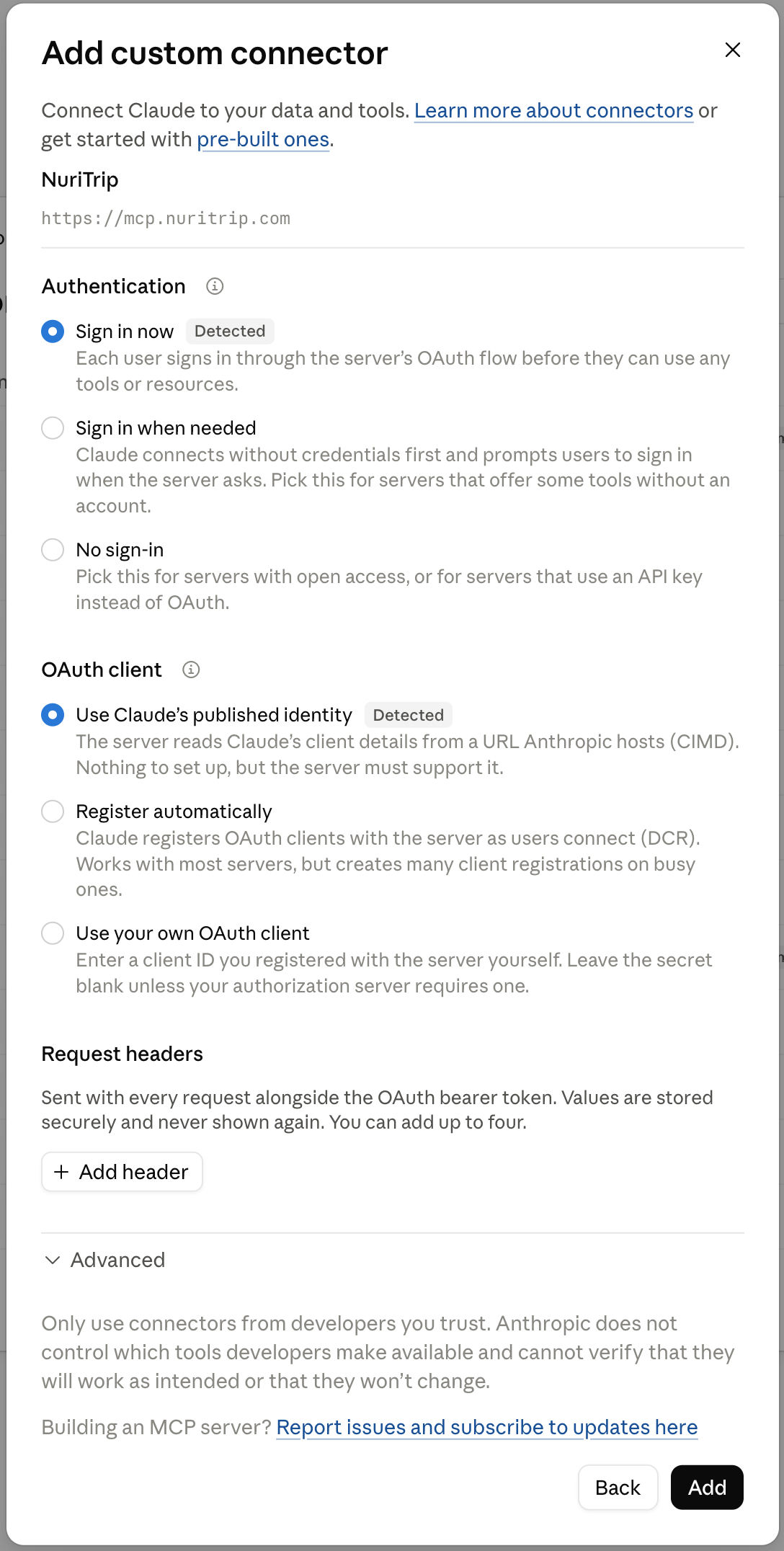 Authentication options with Sign in now and Use Claude’s published identity selected