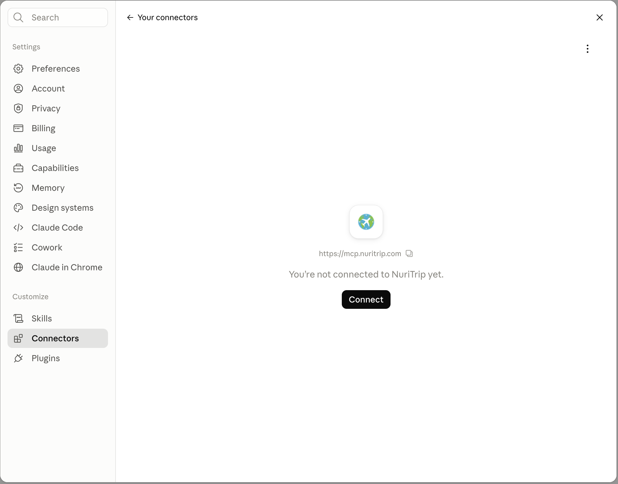 NuriTrip connector page with the Connect button