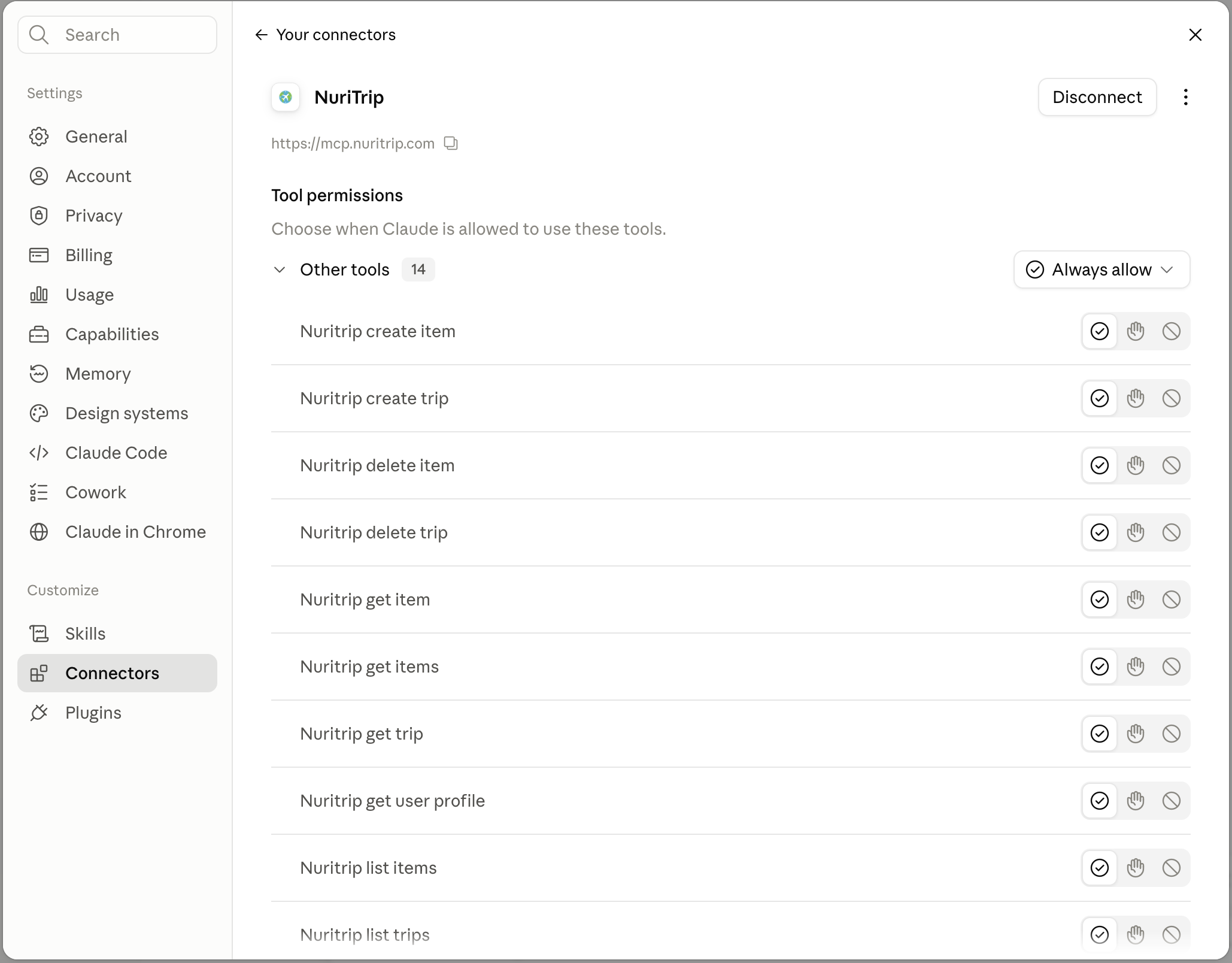 NuriTrip tool permissions set to Always allow