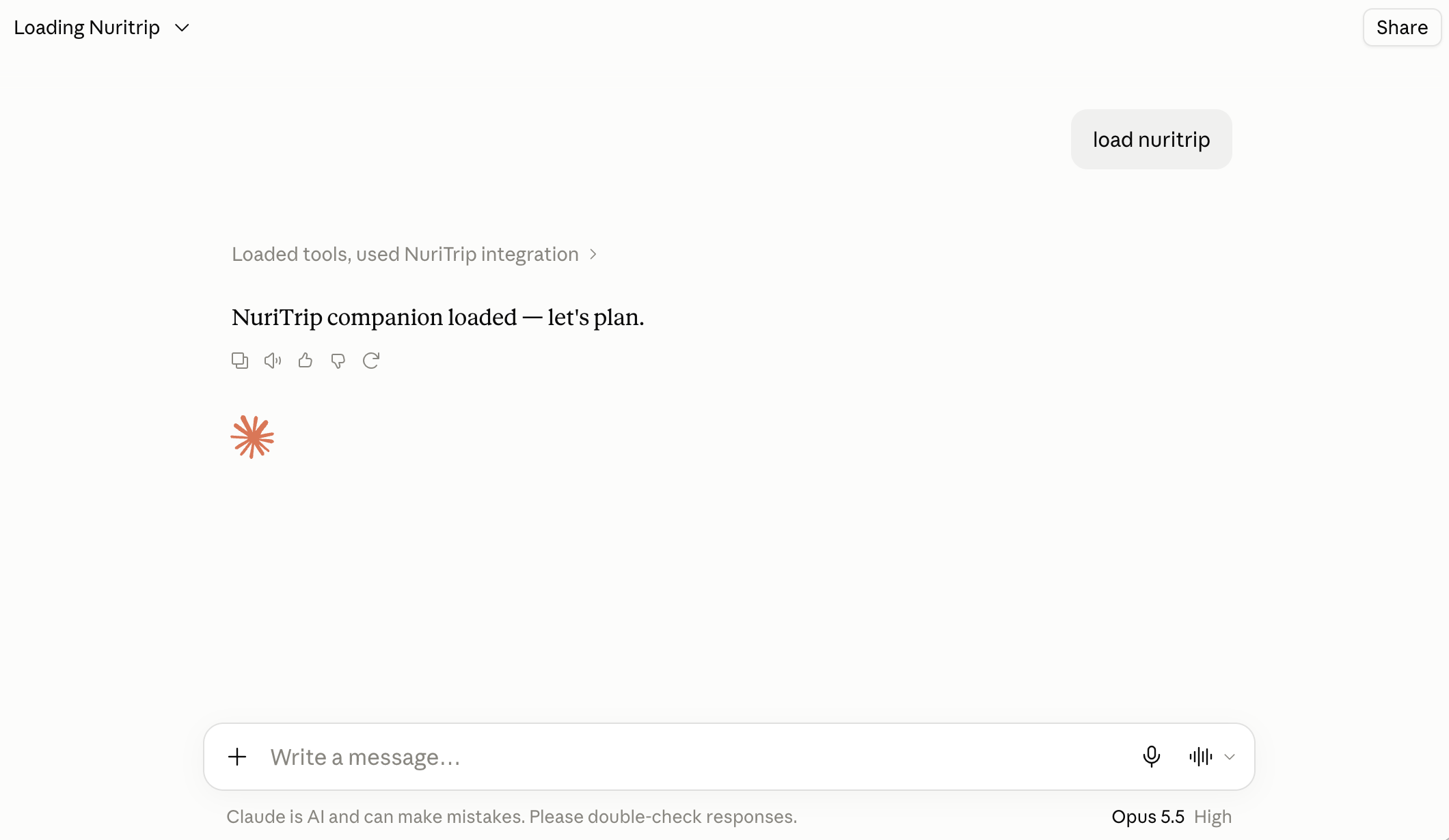 Claude chat showing NuriTrip companion loaded